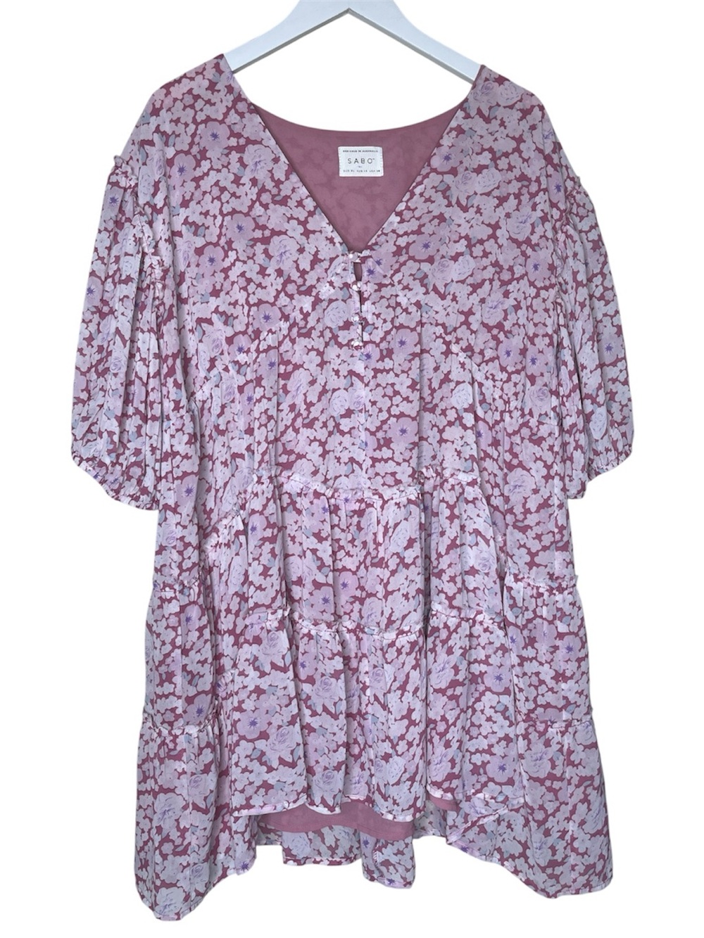 SABO SKIRT SABO Floral Tarelle Tiered Babydoll Dress / Tunic Pink Puff Sleeve XL